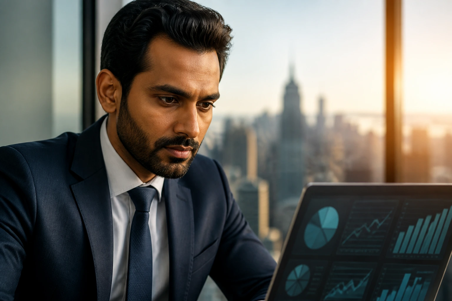 Close-up portrait of a professional in a modern office with abstract data visuals on a laptop
