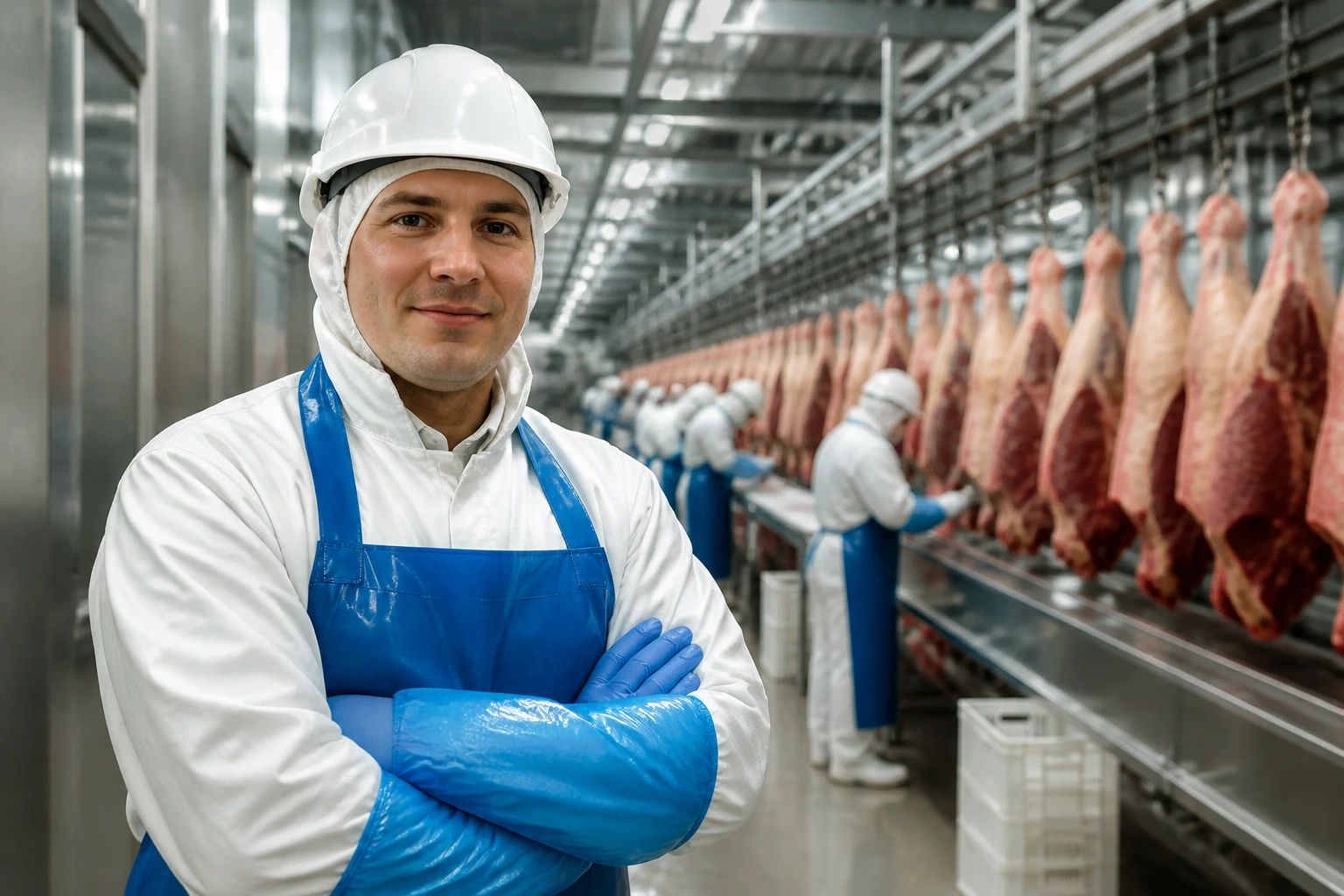 Meat packing worker in PPE in a plant corridor illustrating sponsorship pathways