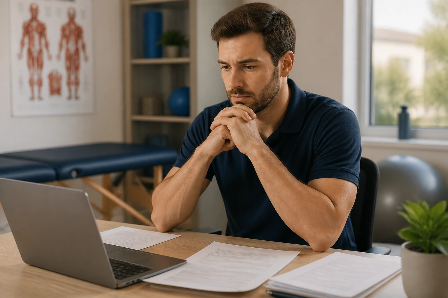 Thoughtful physiotherapist at a desk in an office, with unlabeled documents and a laptop