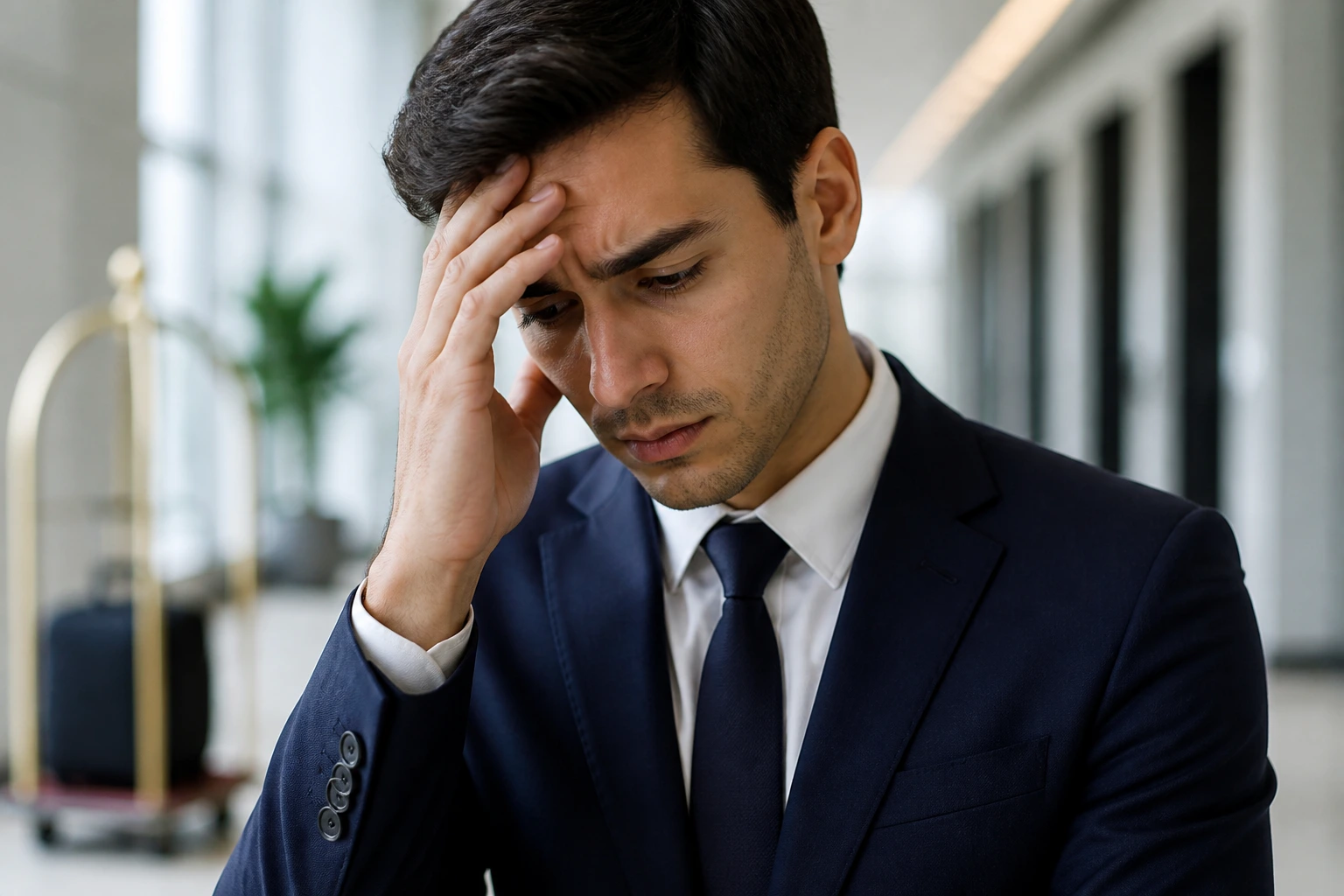 Close-up of a worried international applicant in professional attire in a modern office corridor