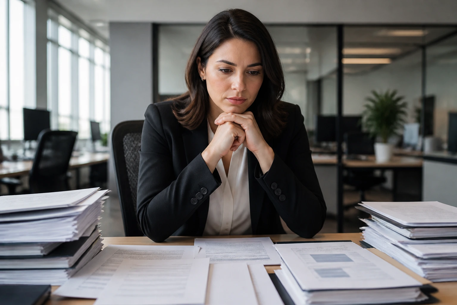 Professional recruiter contemplating sponsorship in a modern office