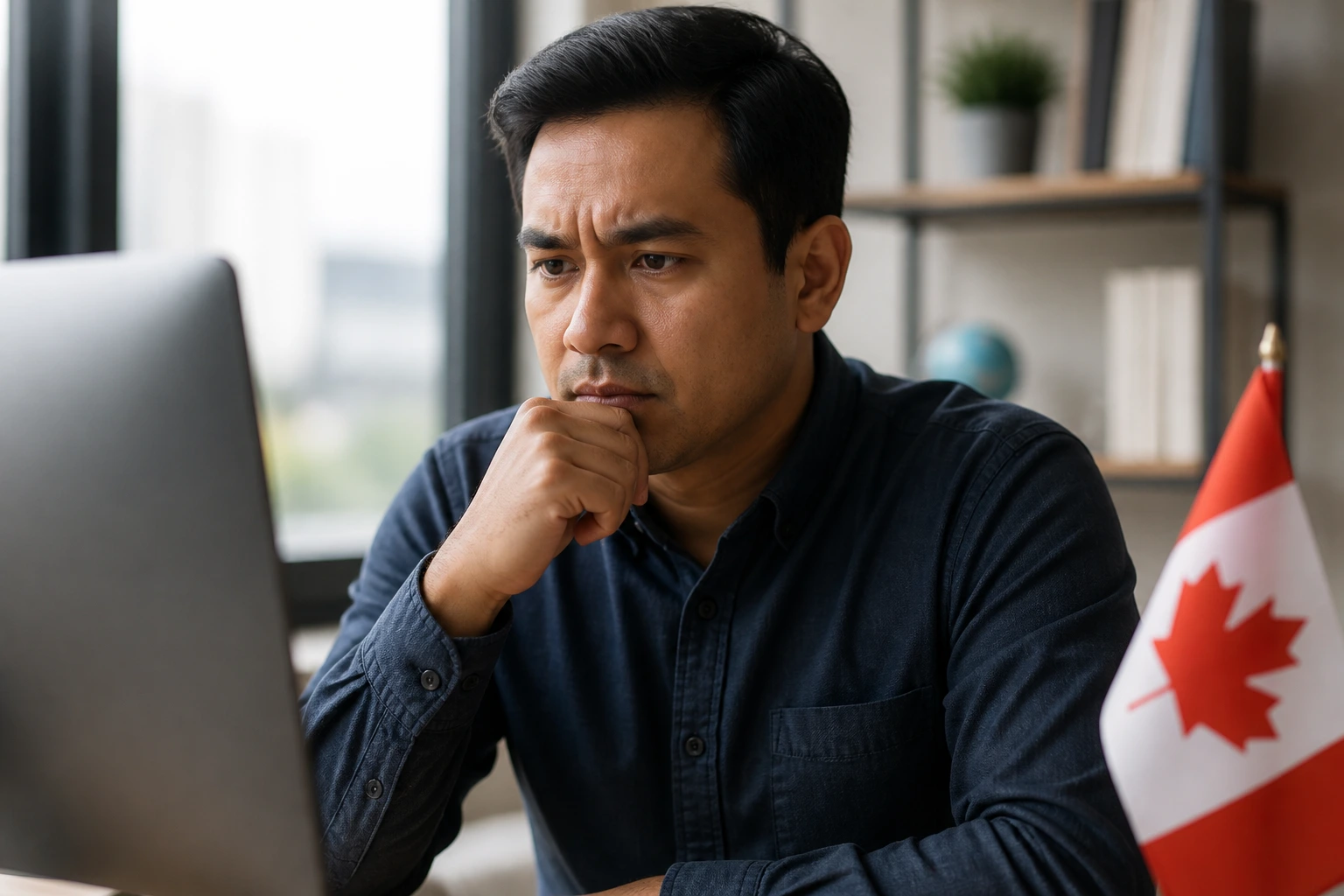 Skeptical adult examining visa-related matter in an office