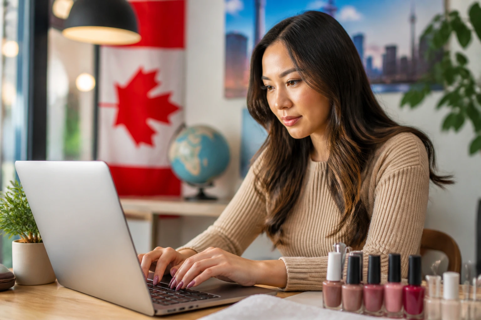 Person searching for sponsorship jobs on laptop in a cafe setting