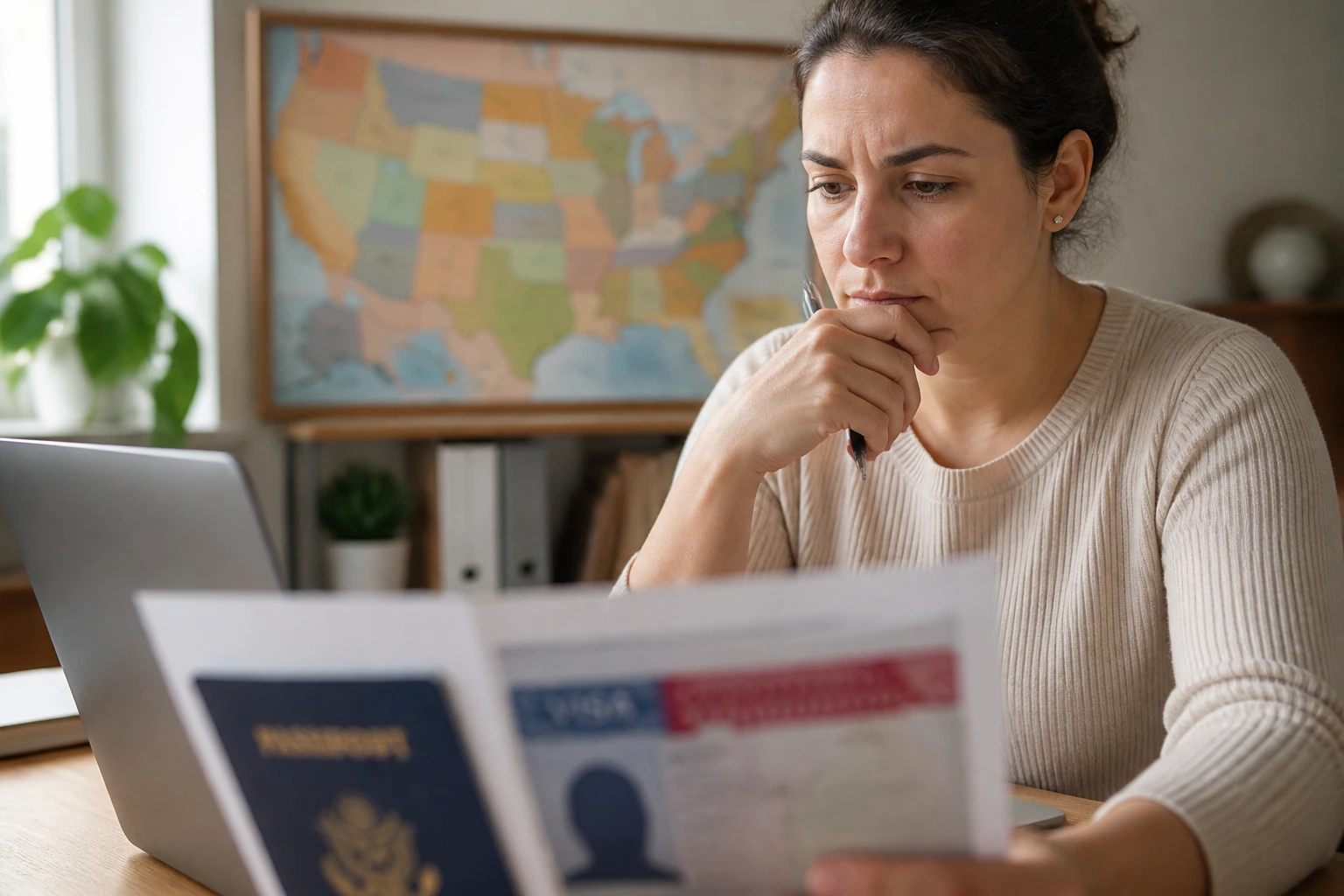 Close-up of a thoughtful adult at a desk with blurred visa sponsorship documents in a home office
