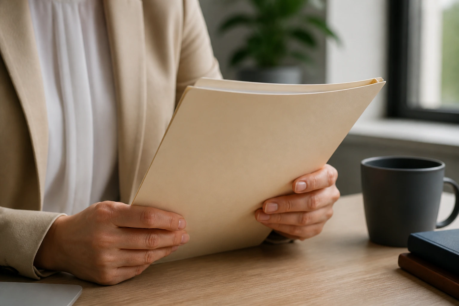 Close-up of hands with a plain folder on a desk in a calm office, suggesting sponsorship paperwork