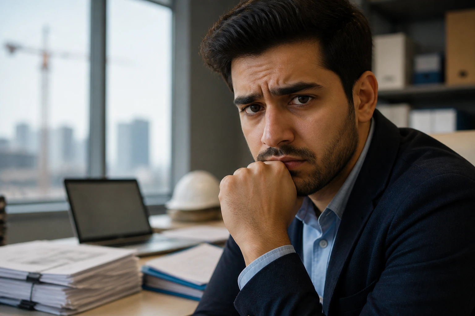Close-up portrait of a worried professional in an office, symbolizing sponsorship challenges