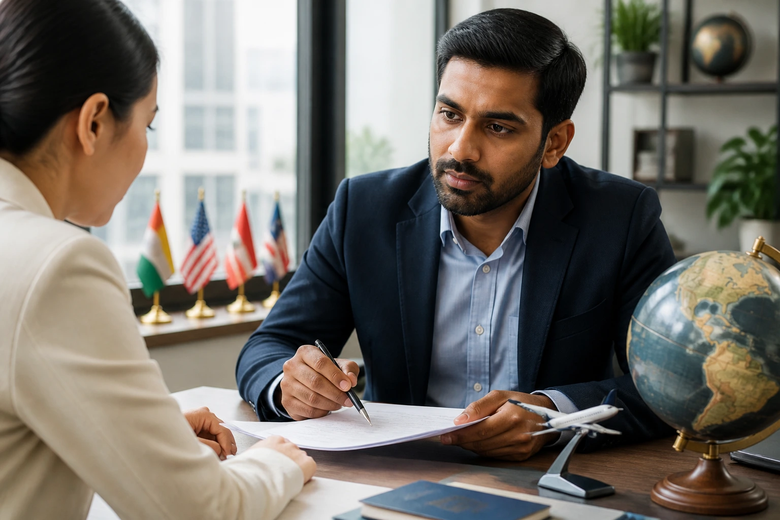 Professional at a desk with a globe, symbolizing visa sponsorship in an office