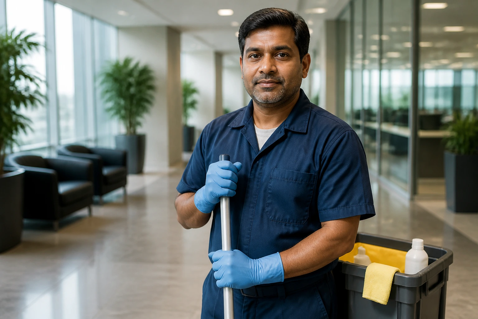 Office janitor in a corporate lobby