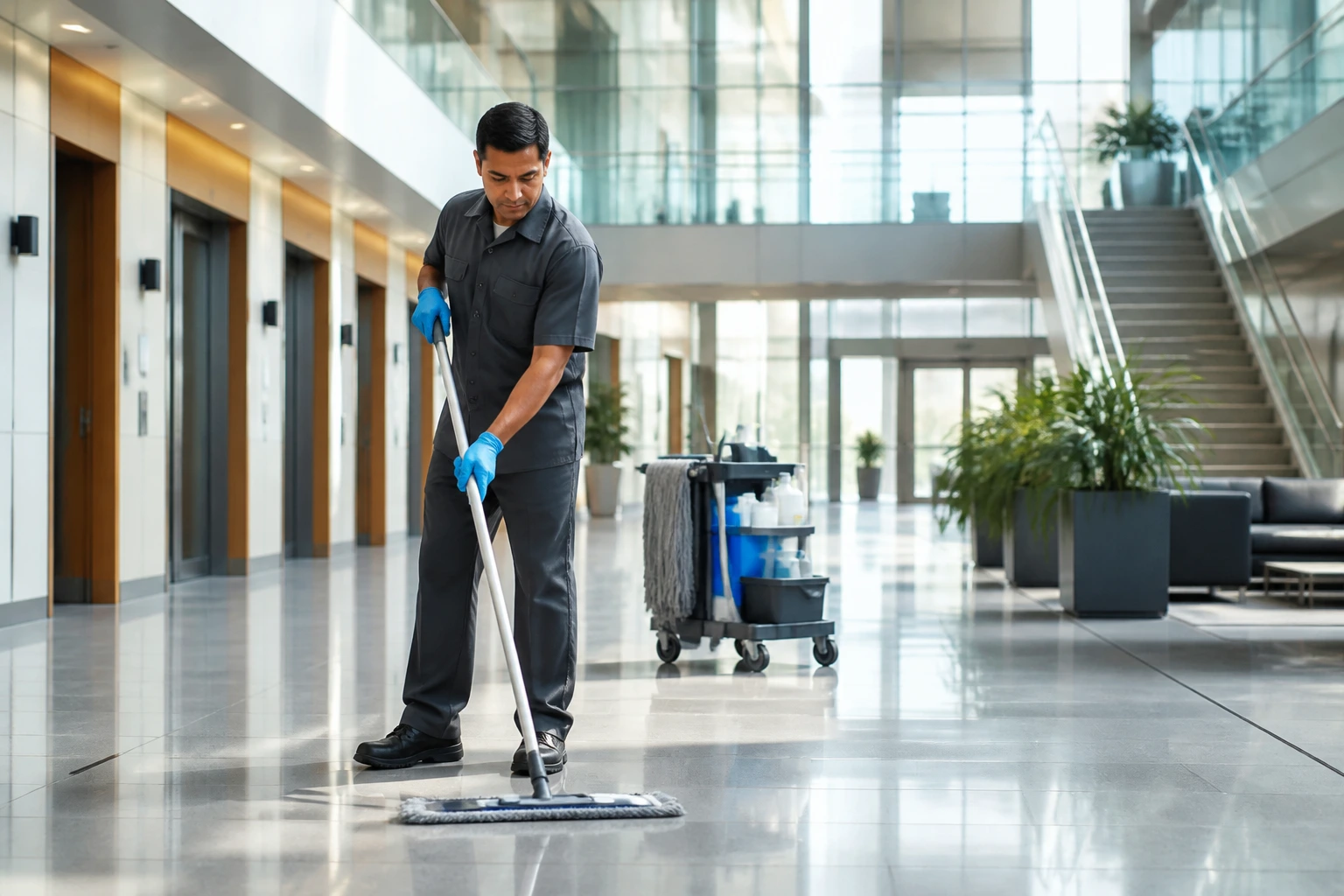 Office janitor in a modern building lobby