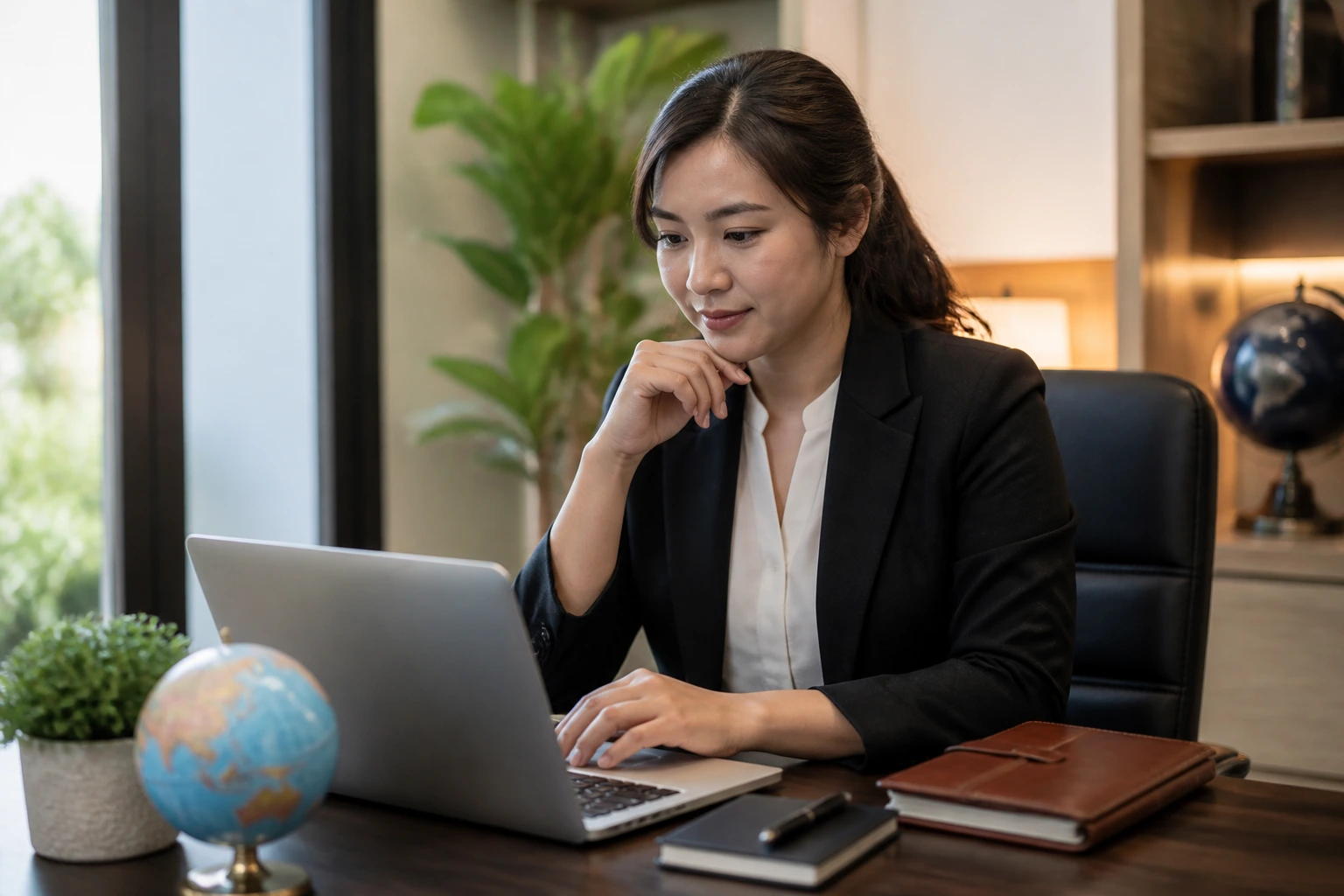 Person at a desk with a laptop in an office, seeking visa-sponsored massage jobs