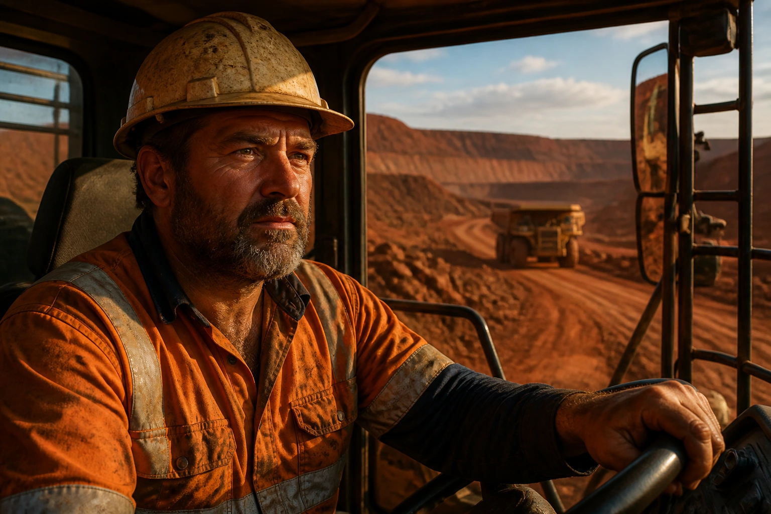 Portrait of a heavy equipment operator in a mining truck cab in the Australian outback