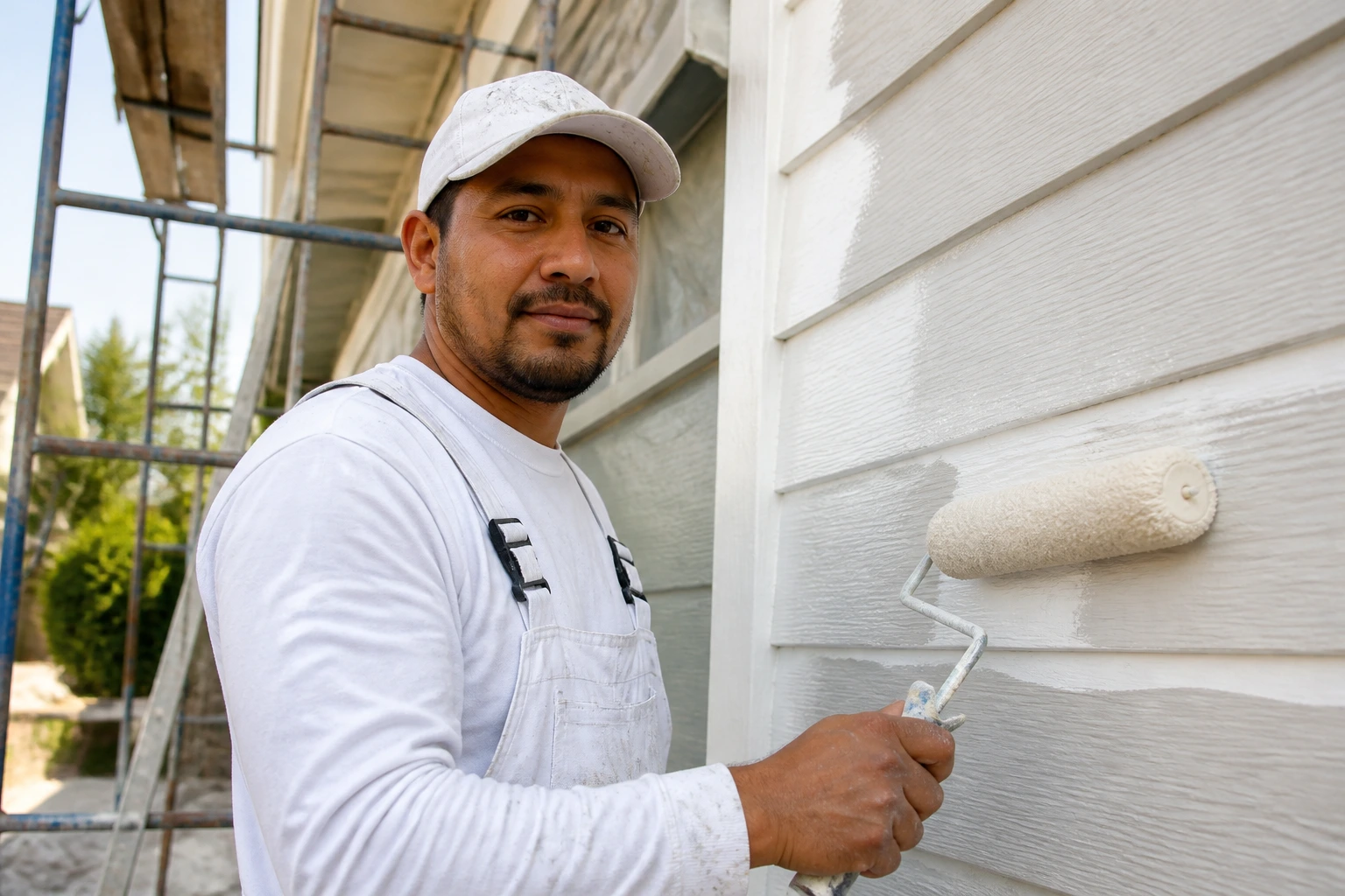 Painter on a residential exterior ready to work with a paint roller