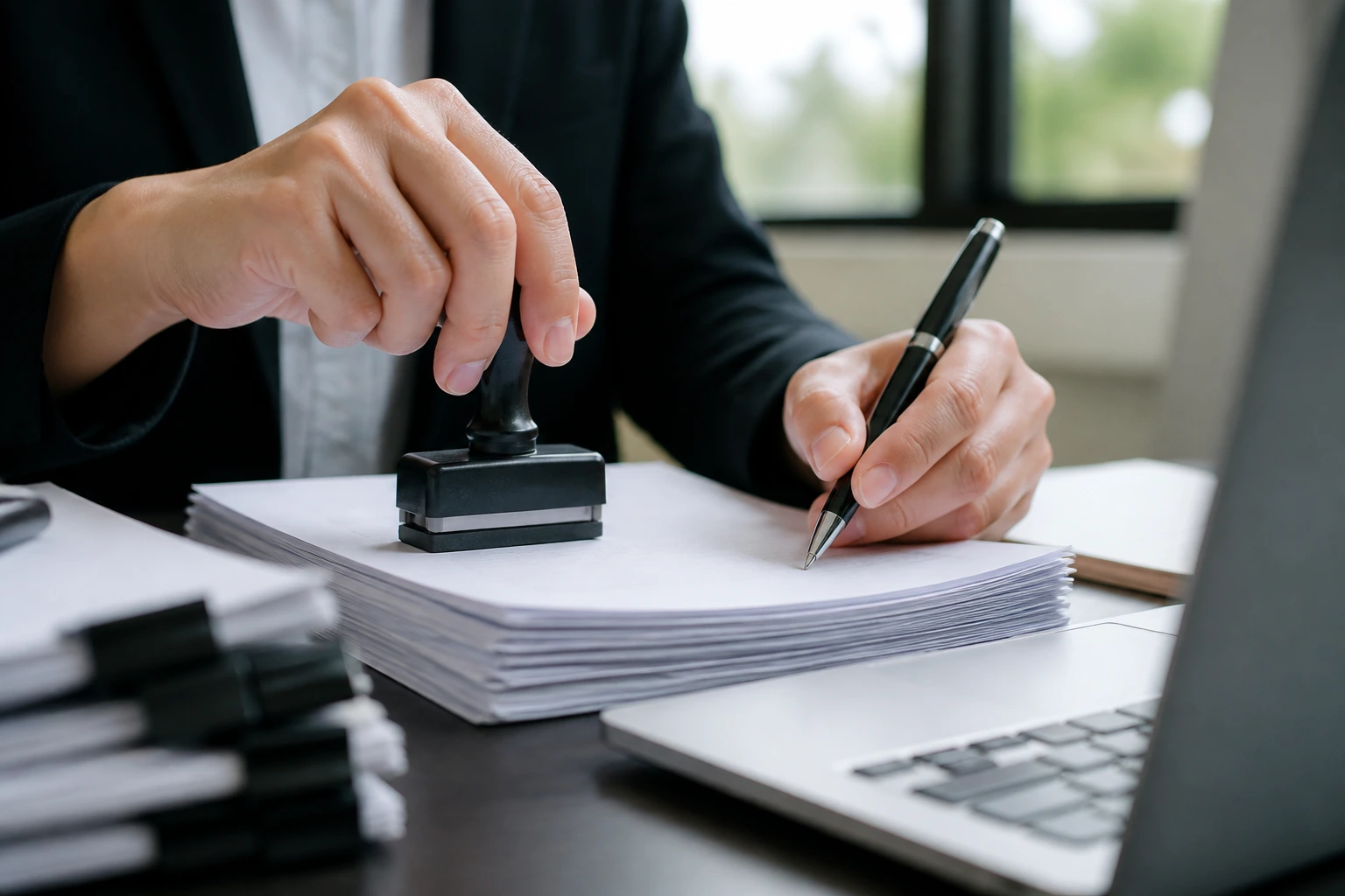 Close-up of hands stamping documents on a desk, illustrating employer prestart steps for sponsorship