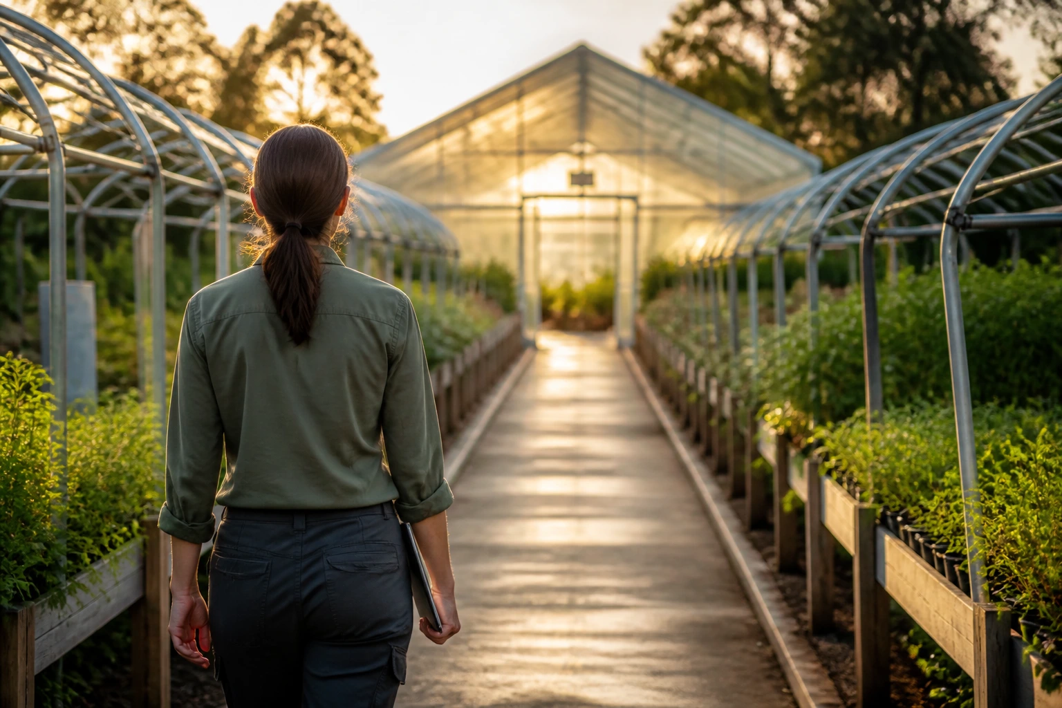 Professional figure standing in corridor with greenhouse in distance, suggesting visa pathways
