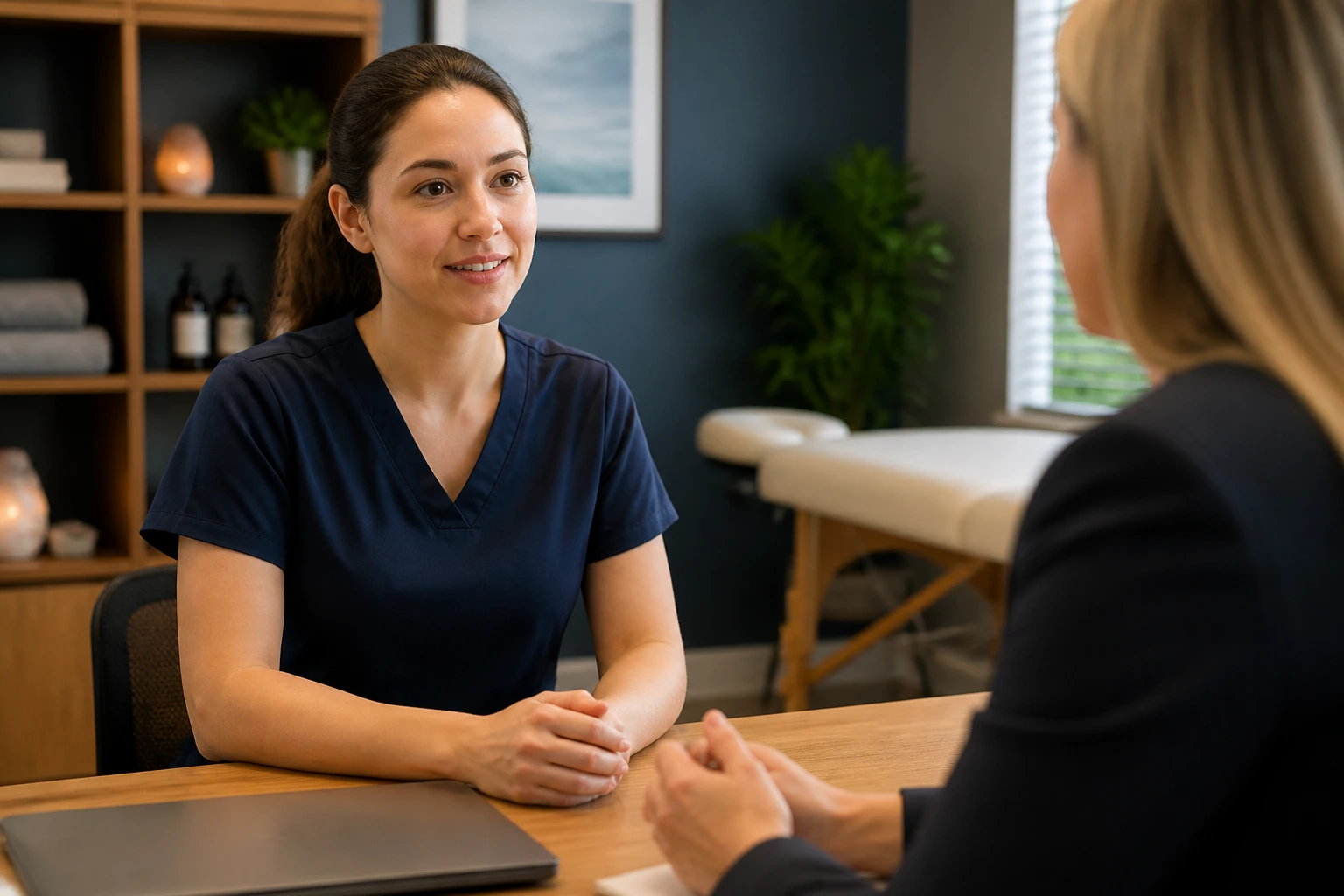 Therapist in a meeting room discussing visa sponsorship with an employer