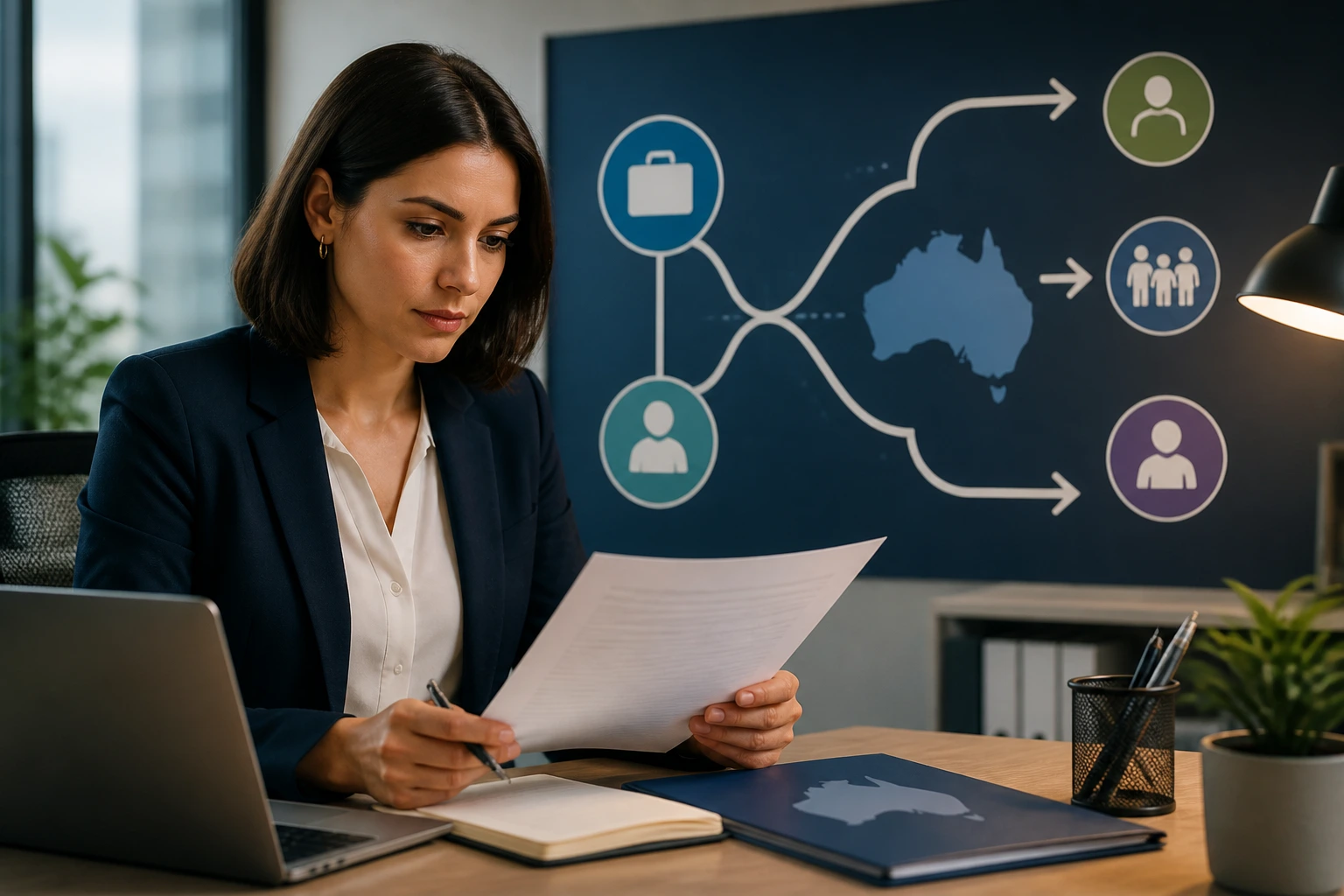 Professional reviewing documents with abstract visa pathway icons in office