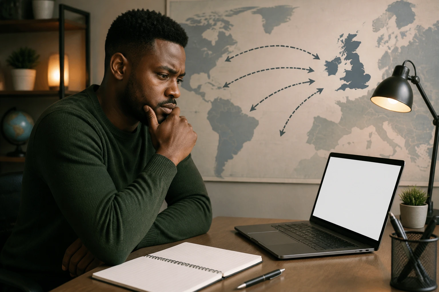 Person at desk considering visa-path alternatives in a home-office setting