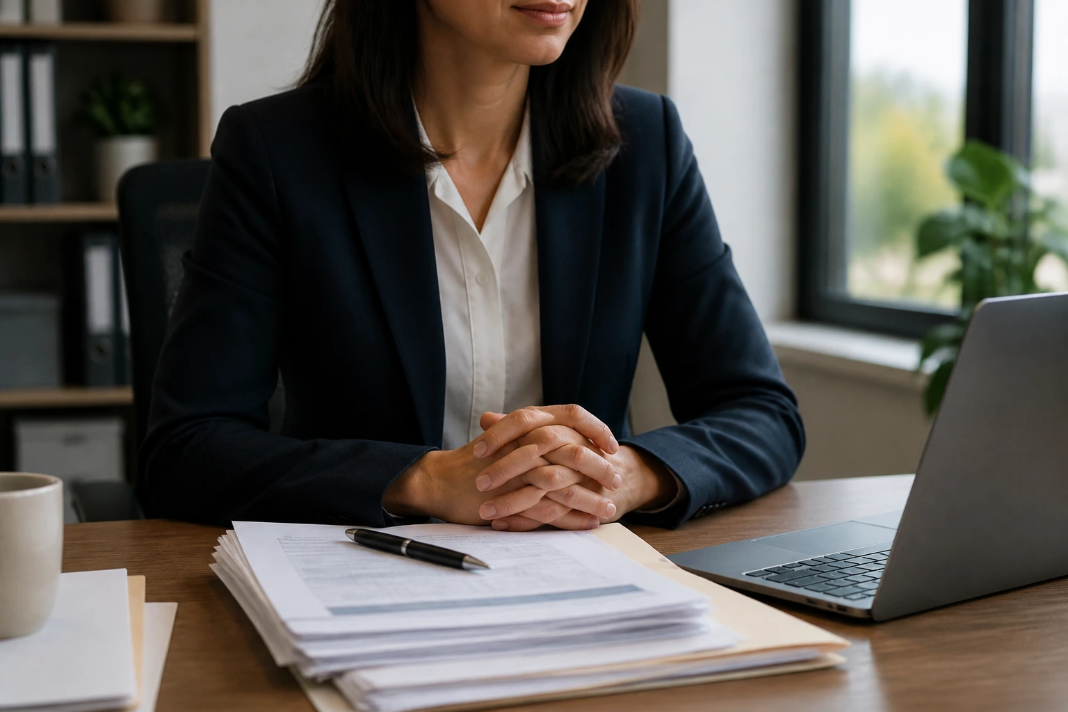 Medium close-up of a calm HR professional's hands on a desk with documents and a laptop in a quiet office