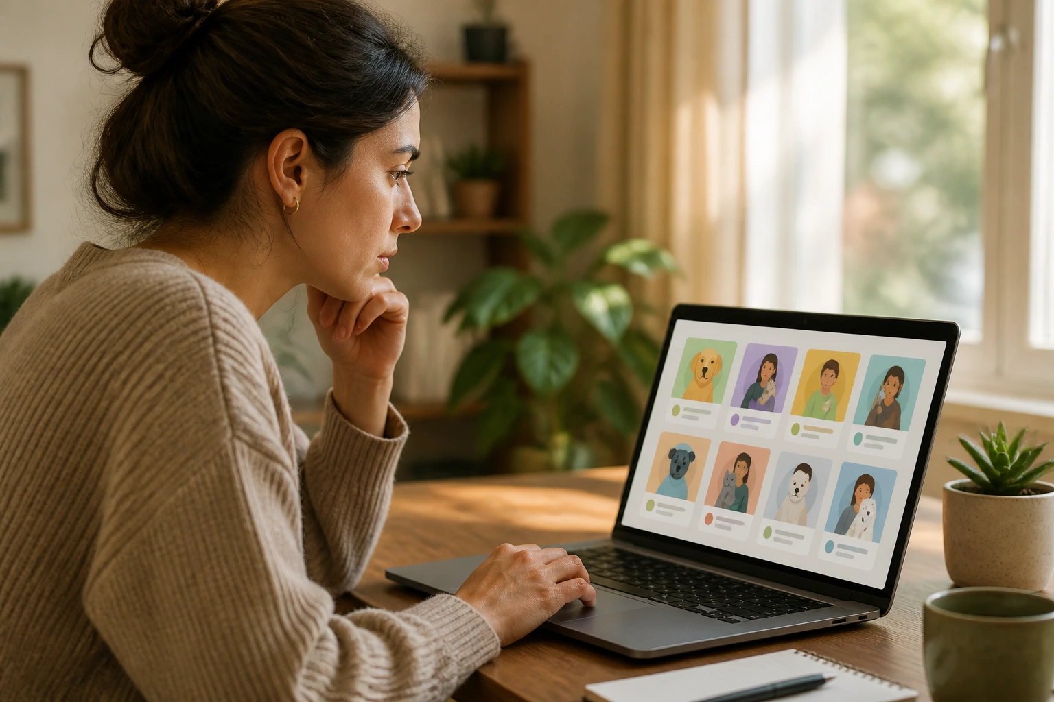 Portrait of a person at a desk looking at a laptop with job ads icons, signifying visa sponsorship search