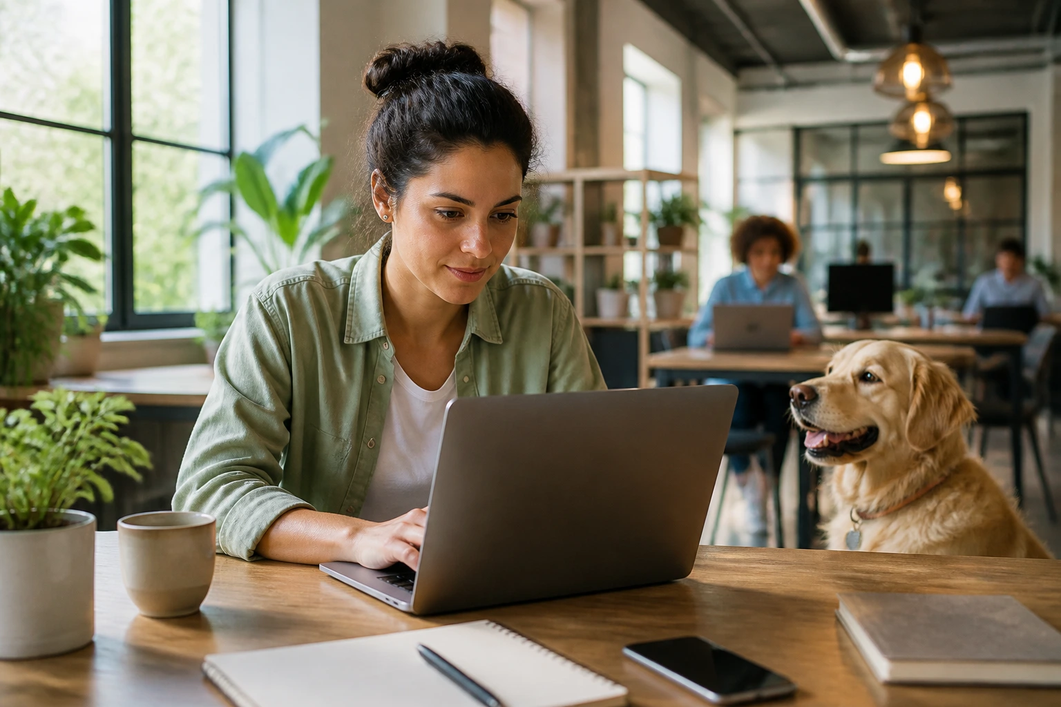 Person searching for sponsorship-adjacent pet care roles on a laptop in a workspace with a dog nearby