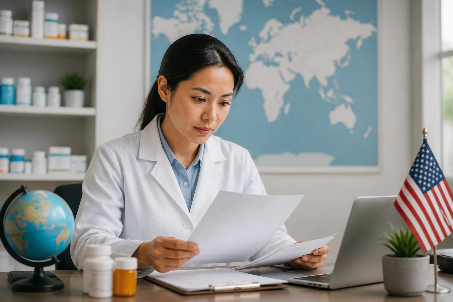 Pharmacist evaluating visa sponsorship options in an office