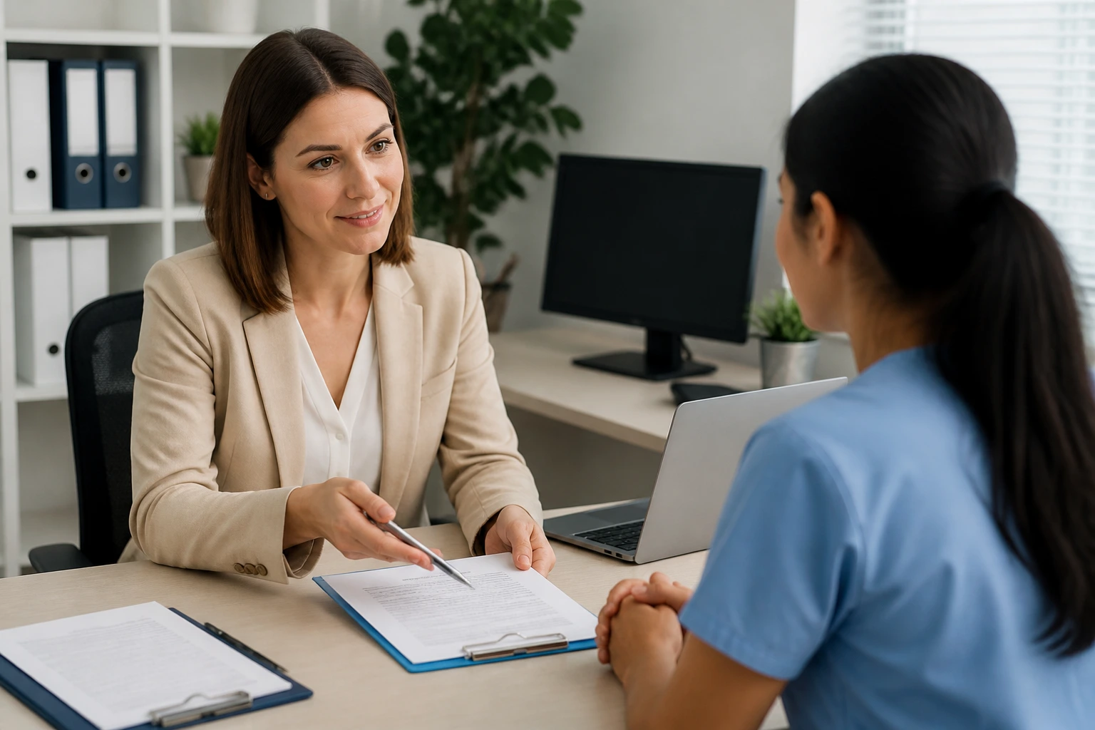 Office scene showing visa sponsorship discussion for phlebotomy role