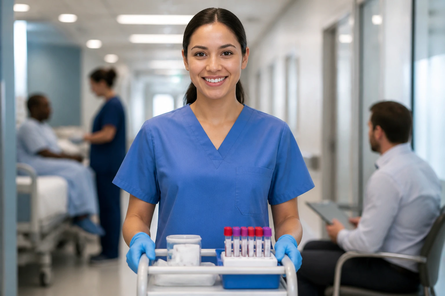 Phlebotomist in interview scene with recruiter in hospital setting