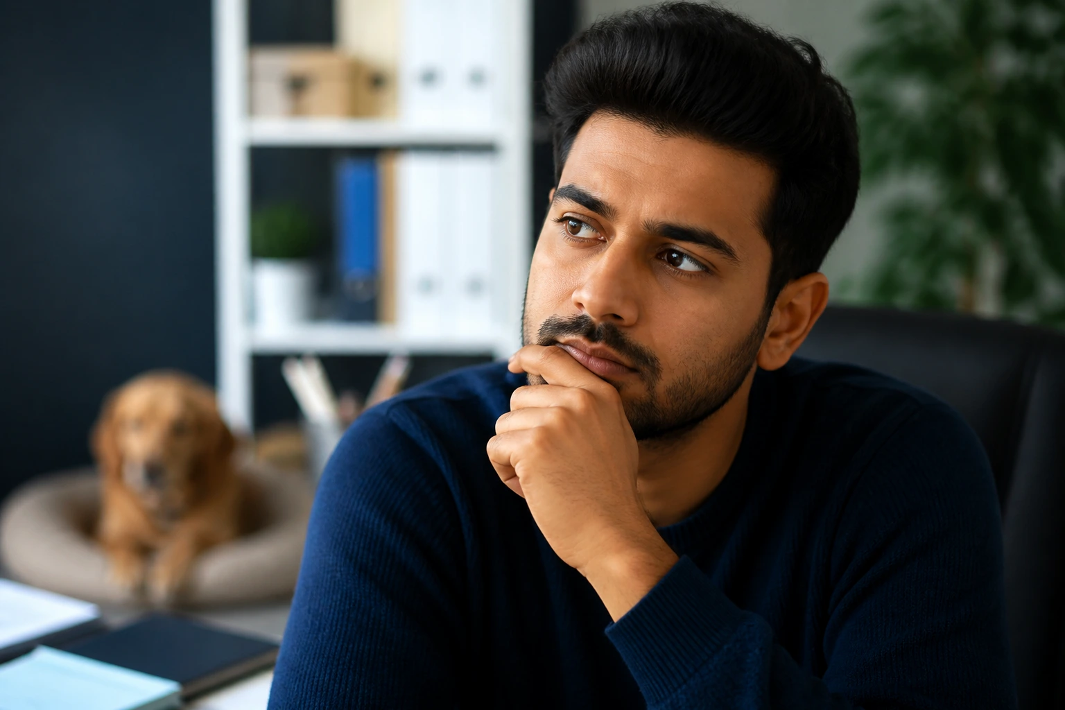 Close-up portrait of a thoughtful person planning visa sponsorship strategies in a tidy office