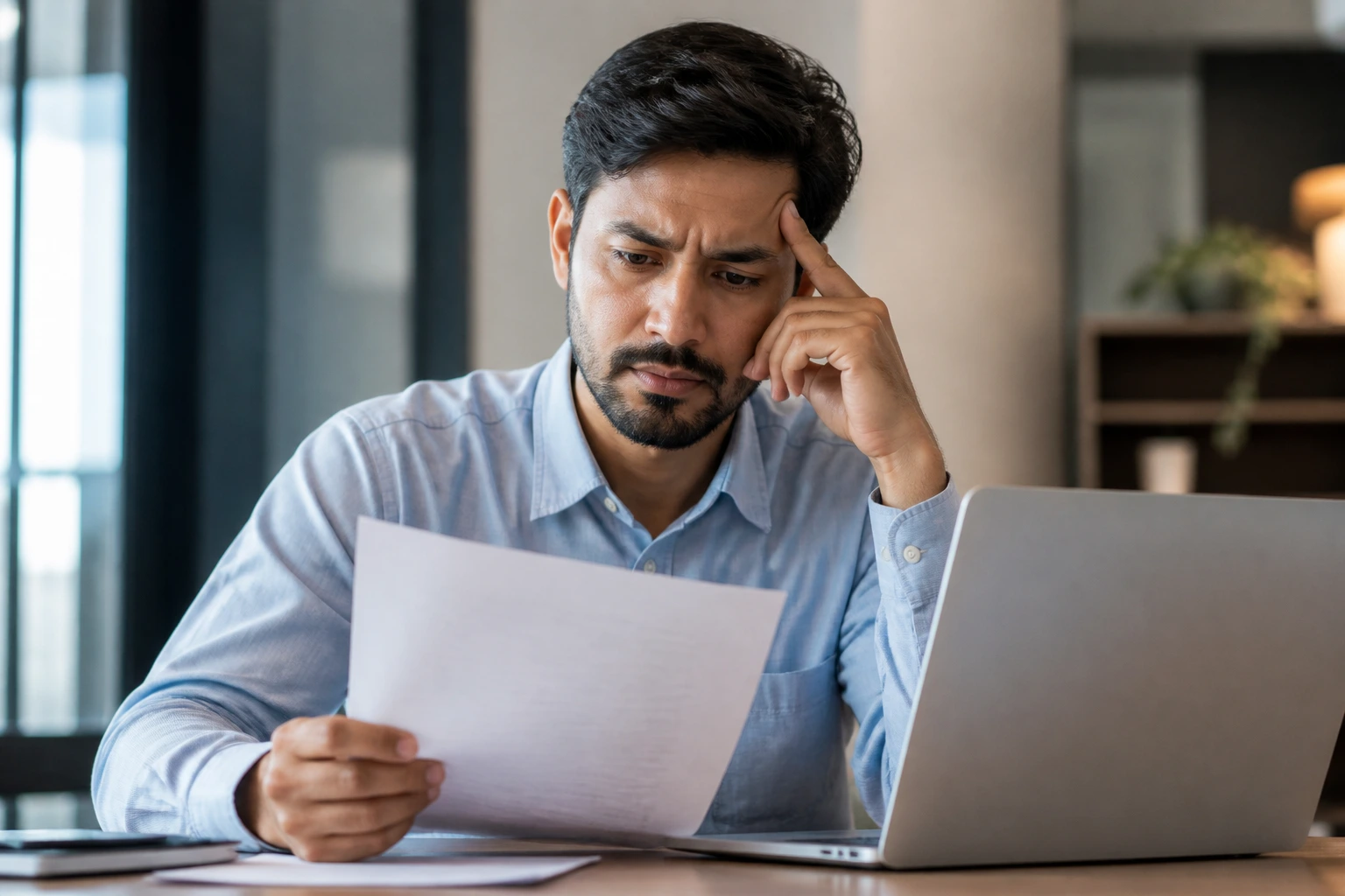 Job candidate evaluating visa sponsorship complexities in a modern office