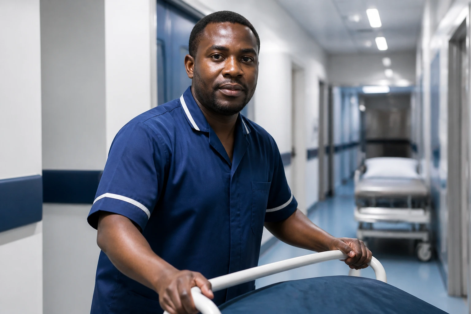 Porter in hospital uniform in a ward corridor looking calm and focused
