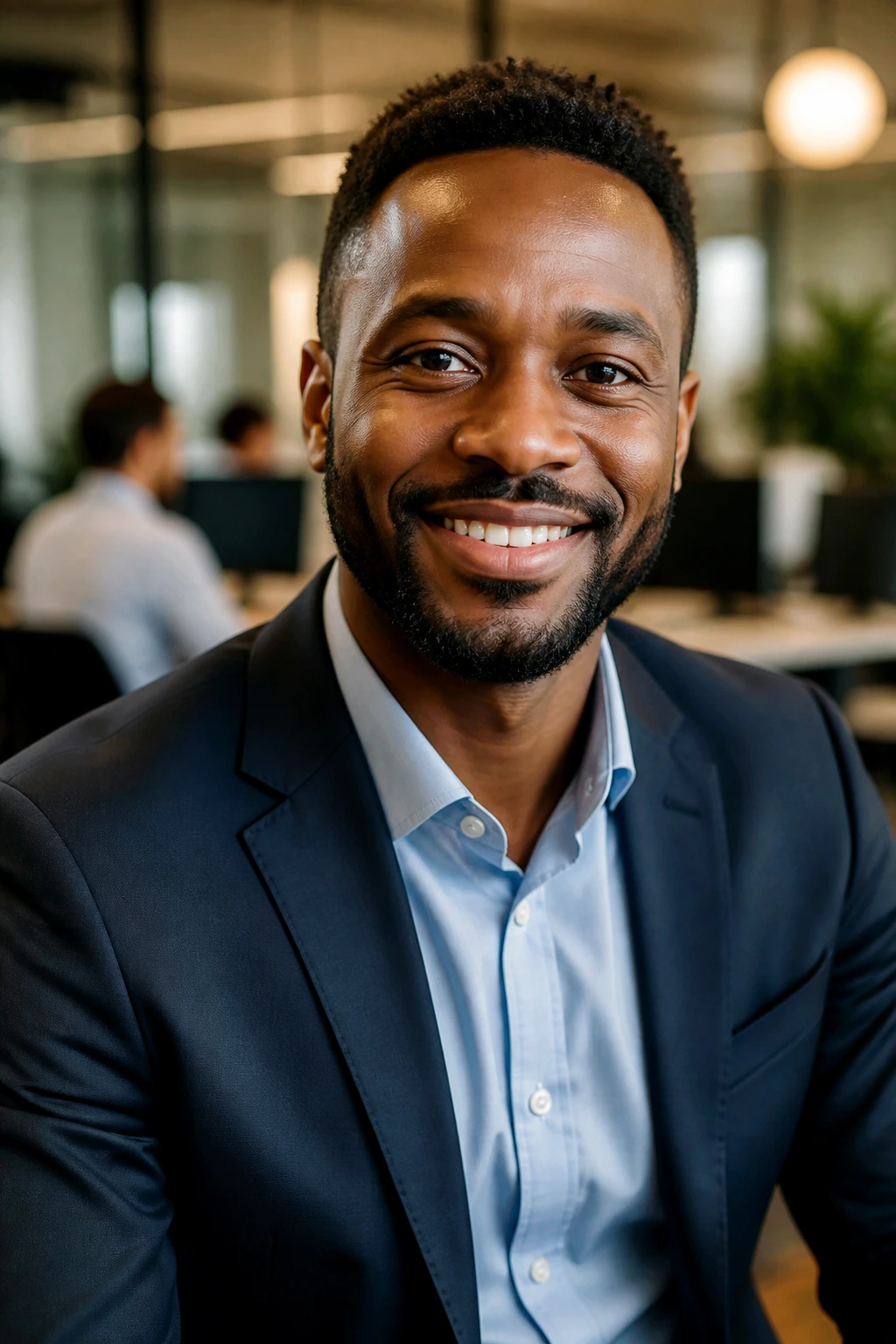 Close-up portrait of a professional in an office indicating visa sponsorship.