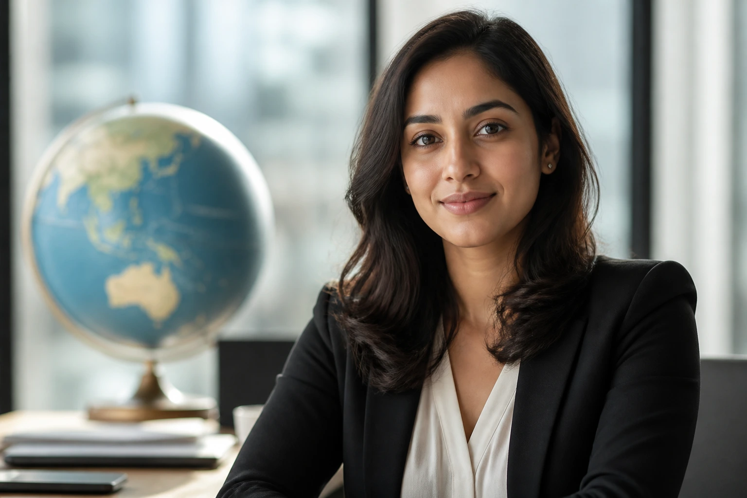 Portrait of tech professional in international mobility setting with globe behind.