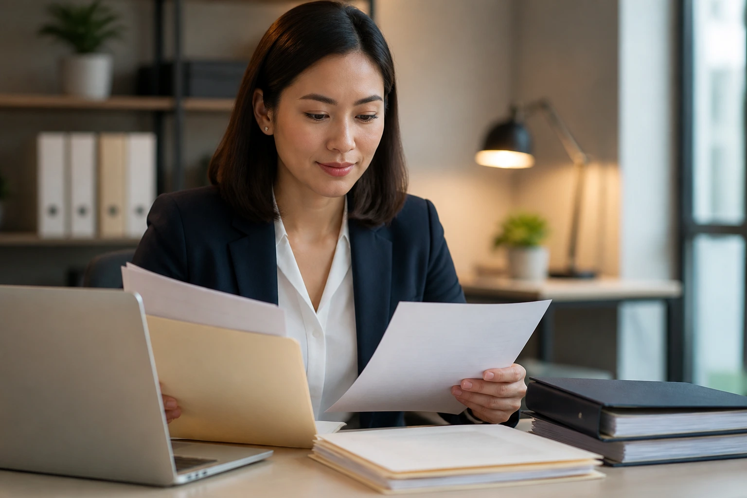 Close-up of professional reviewing documents for visa sponsorship in a calm office