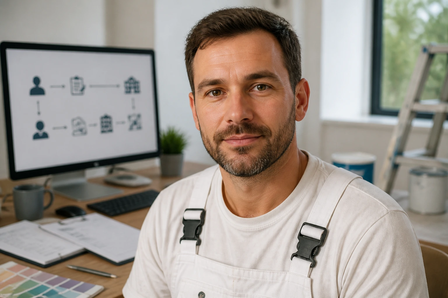 Portrait of a painter in an office environment suggesting the visa sponsorship process.