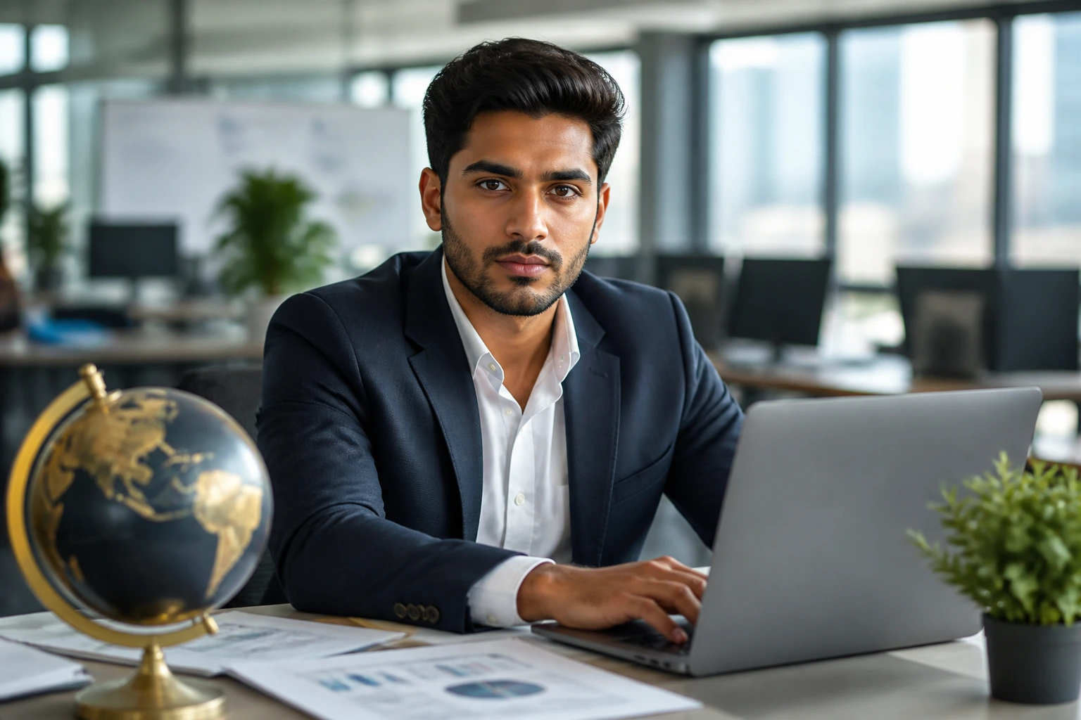 Close-up portrait of a professional at a desk with laptop and globe