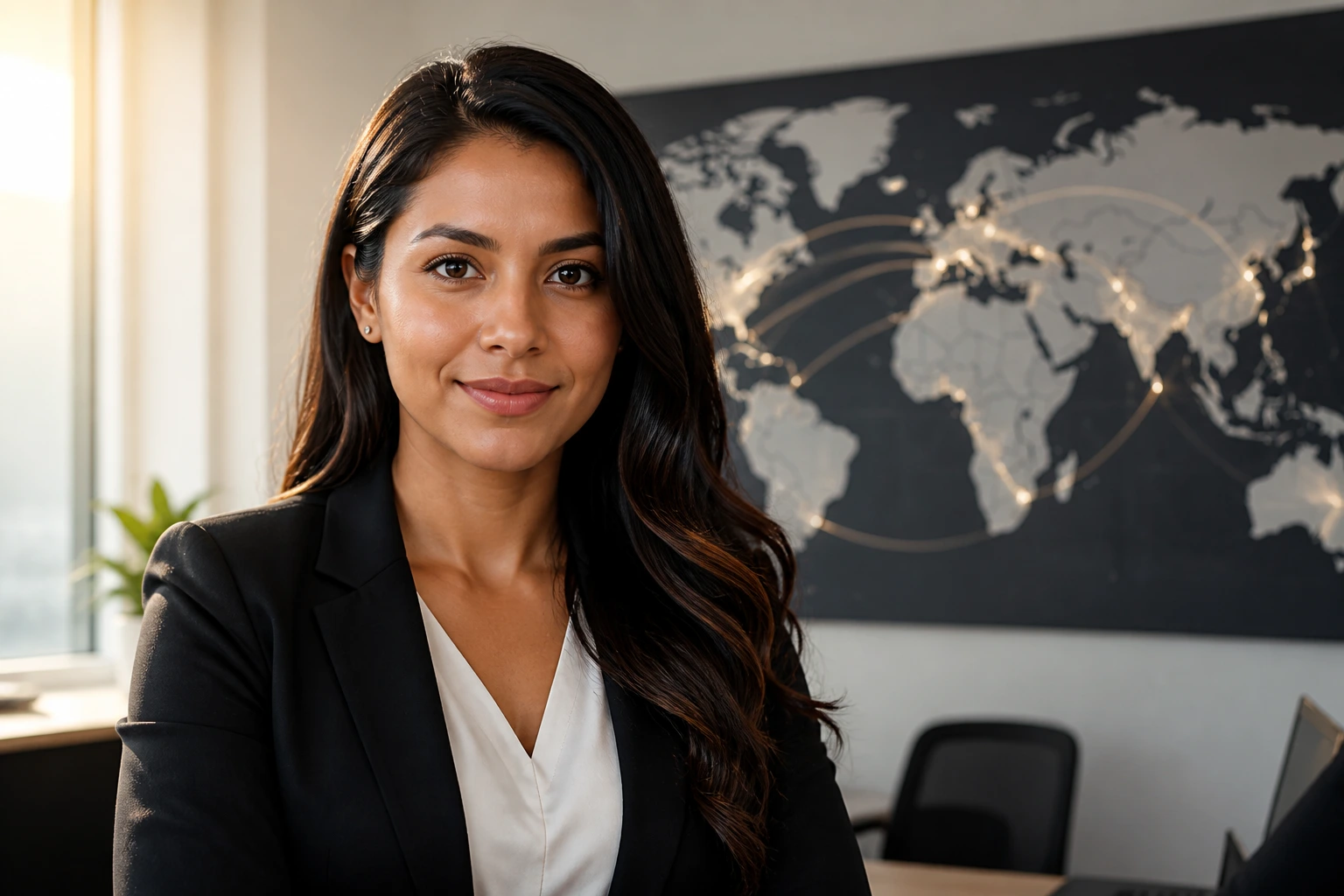 Close-up portrait of a professional in an office with world map background.