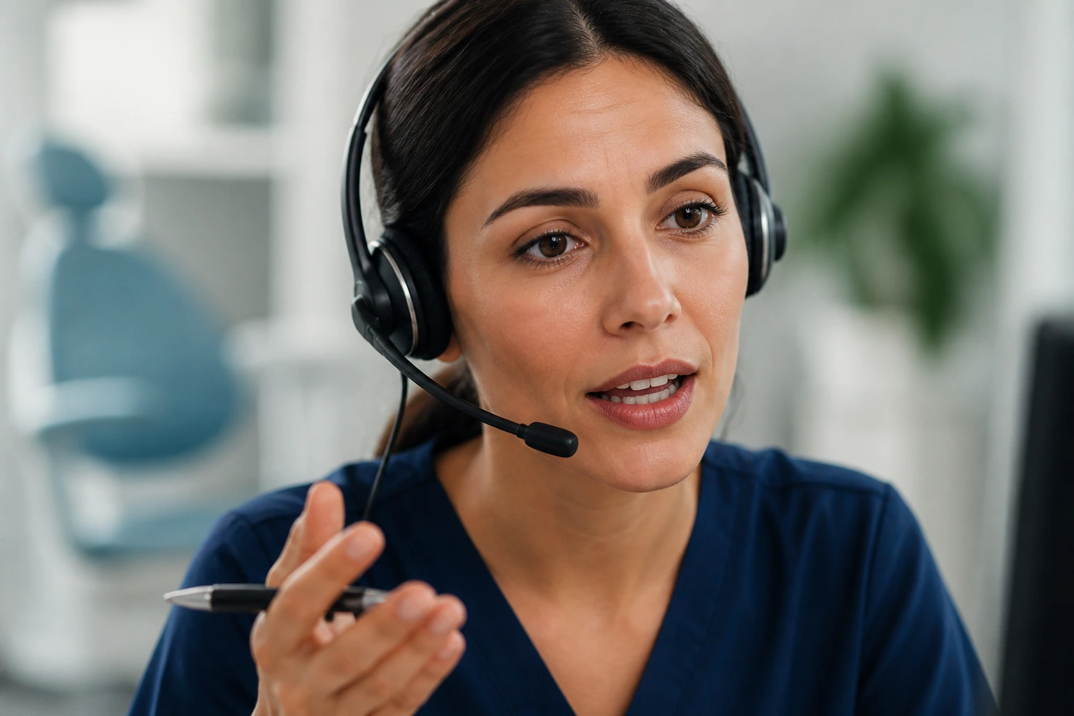 Portrait of a person on a headset during a call in an office