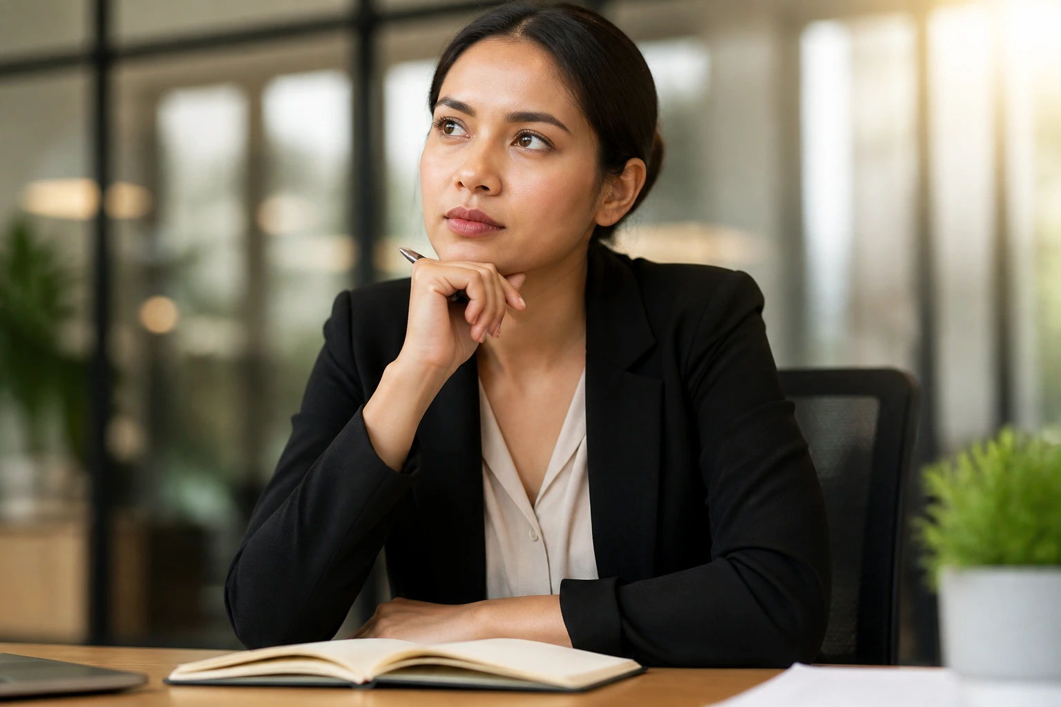 Portrait of a professional considering sponsorship questions at a desk