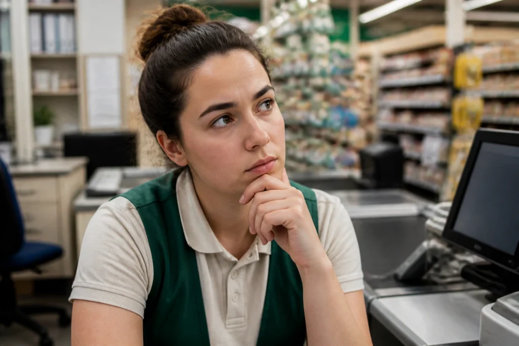 Portrait of a supermarket cashier in uniform at a checkout, reflecting sponsorship context.