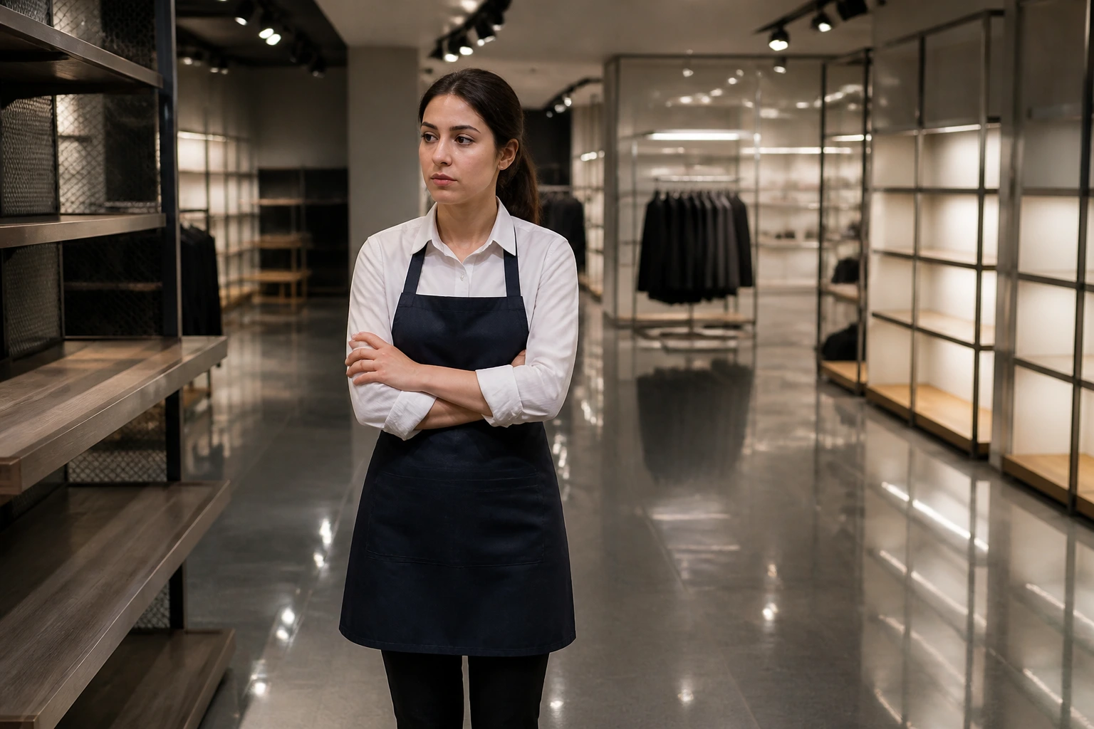 Solitary retail worker on a nearly empty shop floor illustrating sponsorship rarity