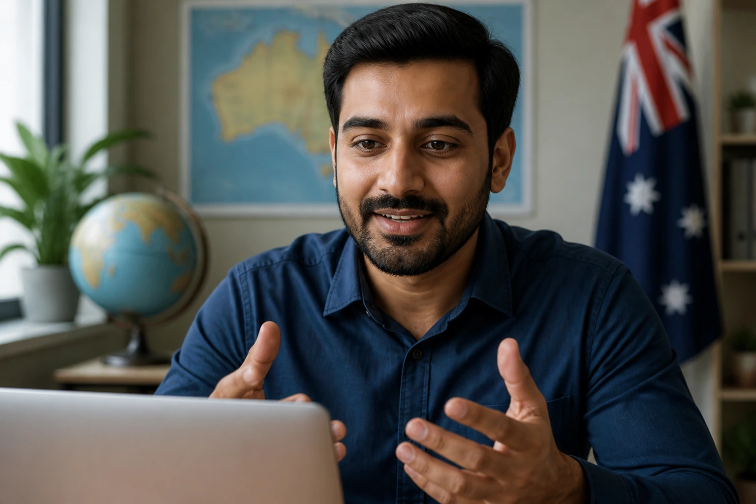 Confident professional discussing sponsorship and visa readiness on a video call