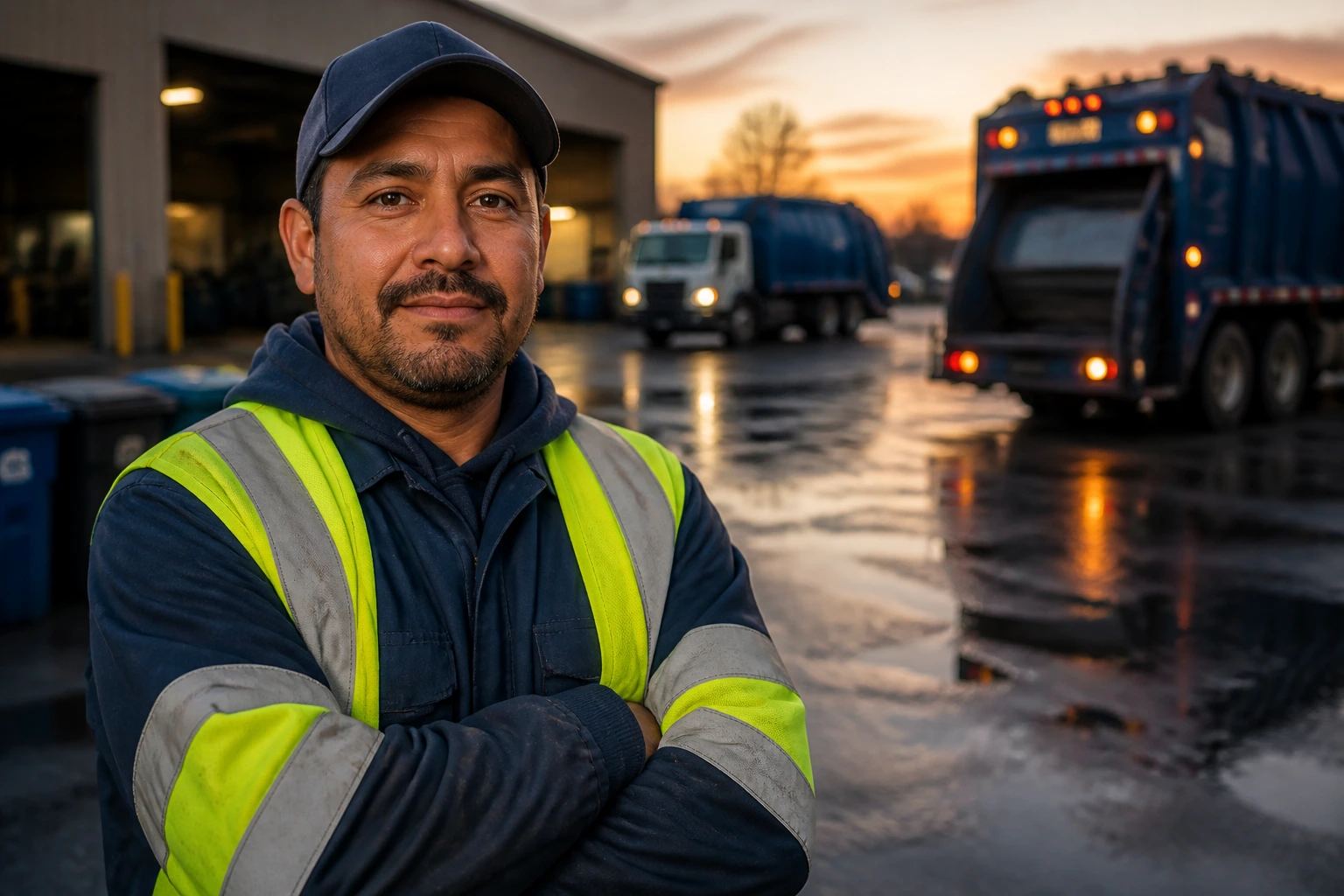 Sanitation worker in high-visibility gear in front of yard with trucks at dawn