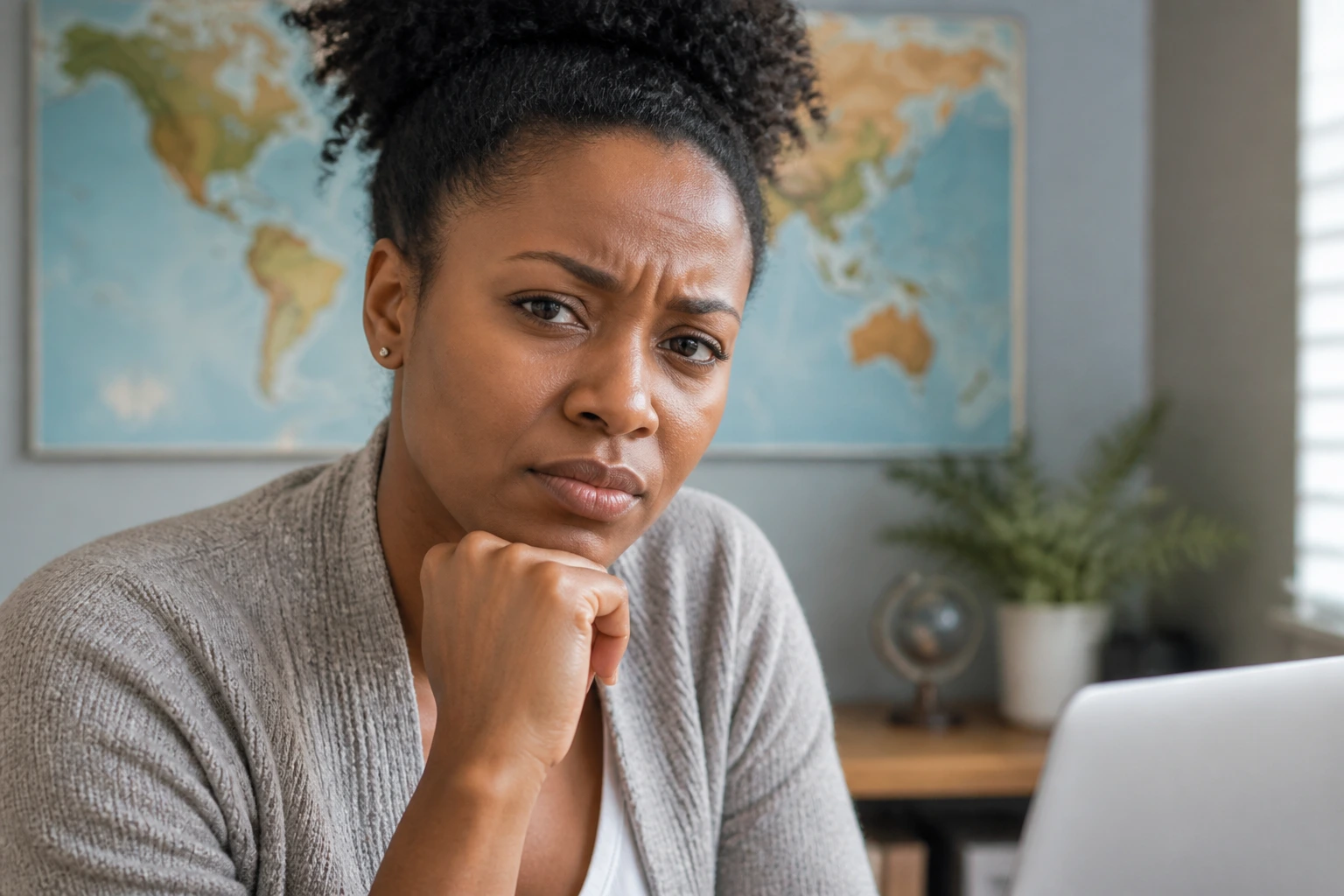 Close-up of a wary job seeker in a home-office, illustrating free visa sponsorship realities