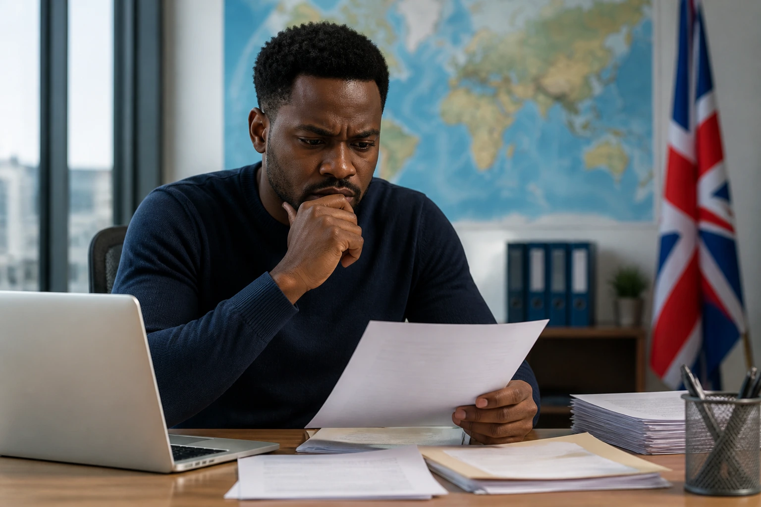 Person at desk considering visa sponsorship with documents