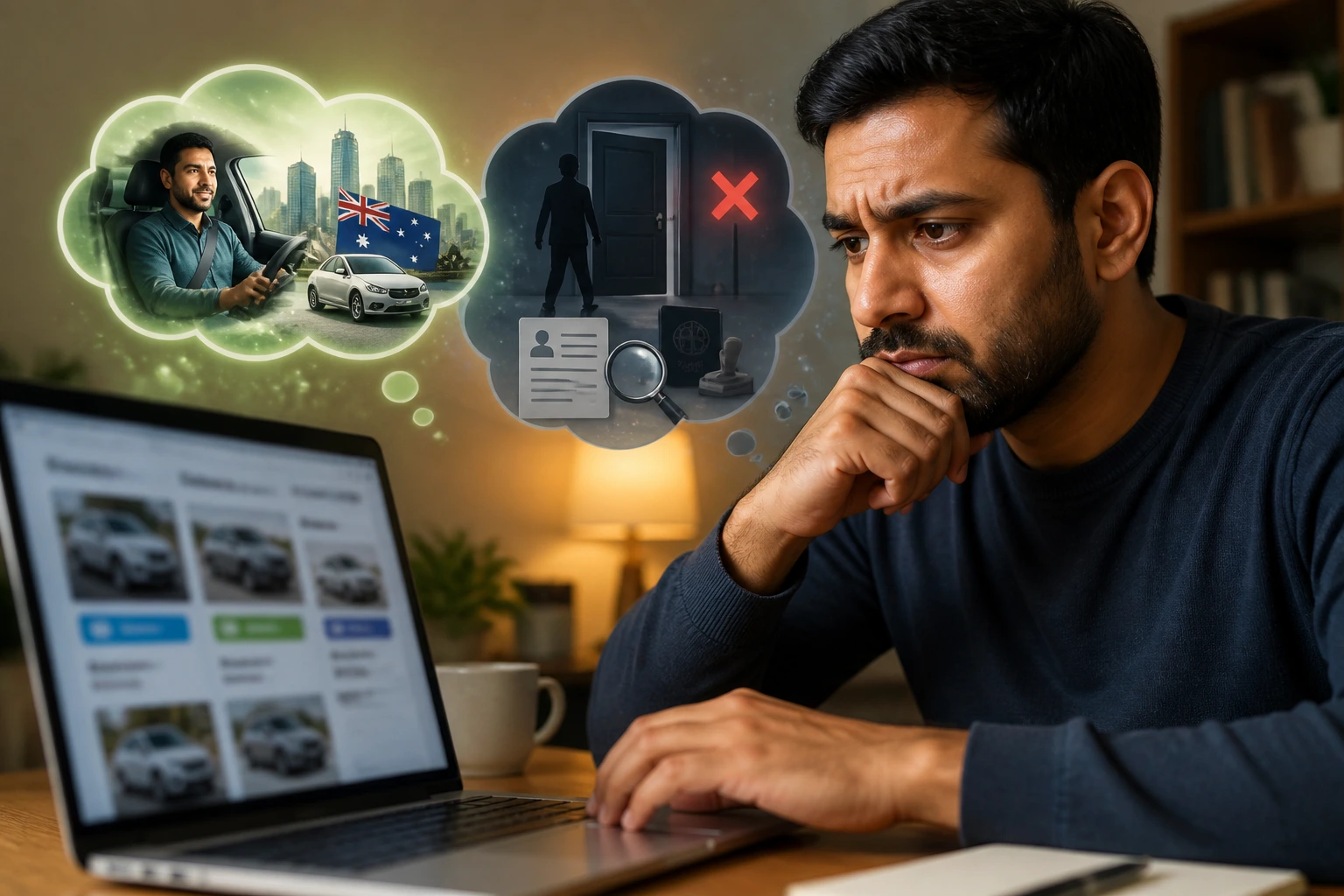 Portrait of a person at a desk evaluating visa reality versus job ads in a home office