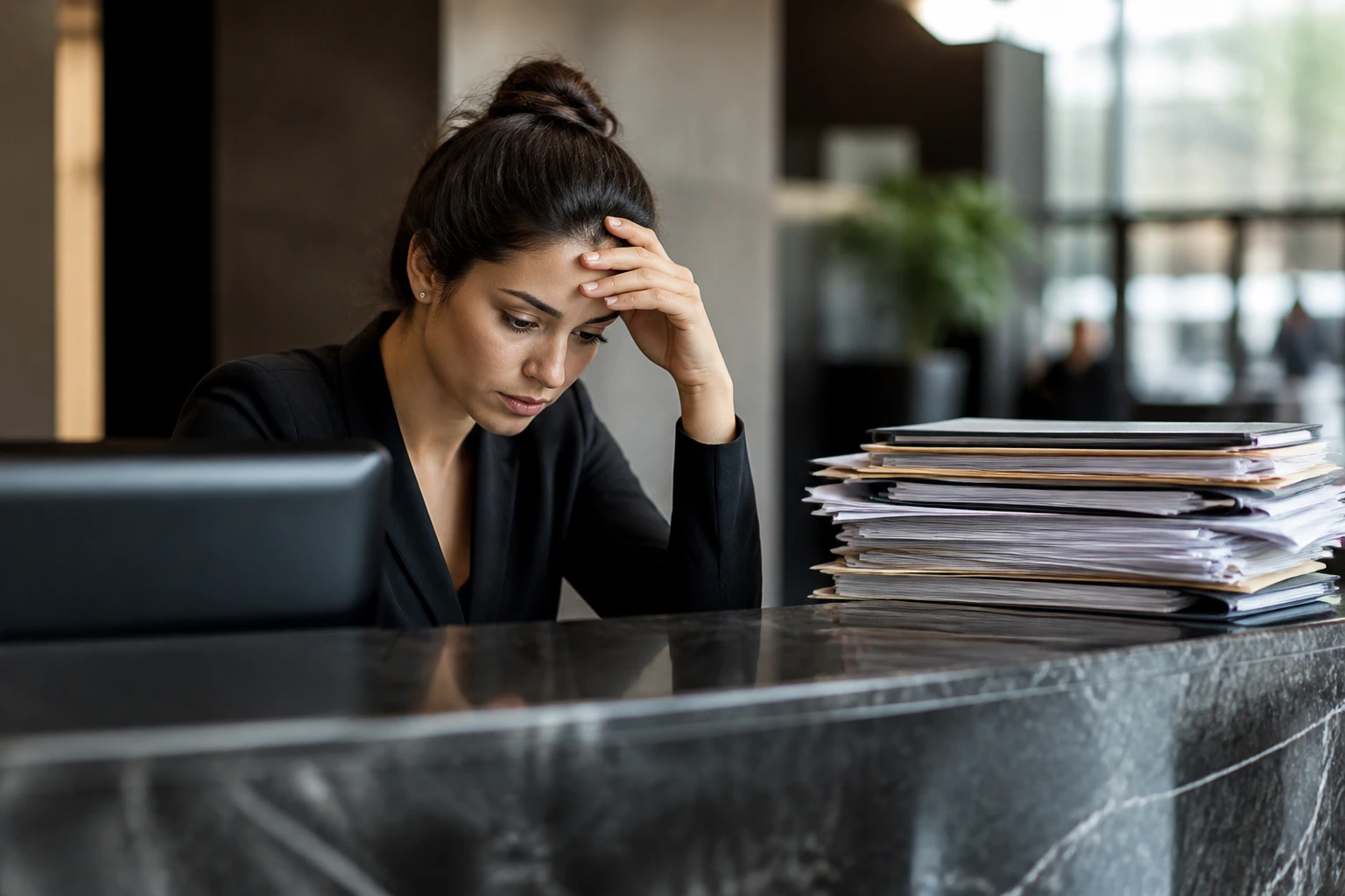 Medium close-up of a receptionist at a desk with paperwork