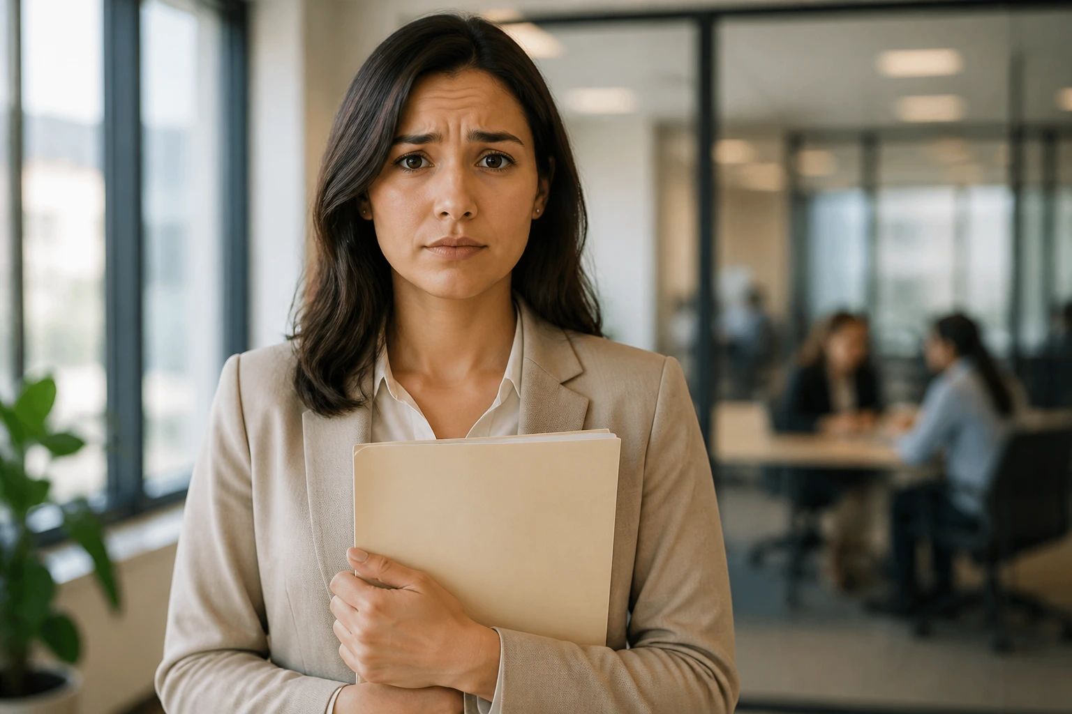 Portrait of a worker holding a blank folder in an office setting, representing visa sponsorship considerations
