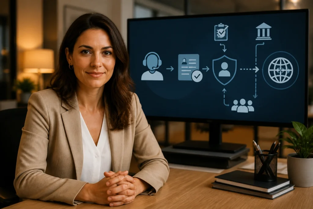 Professional recruiter in an office with monitor showing abstract sponsorship workflow