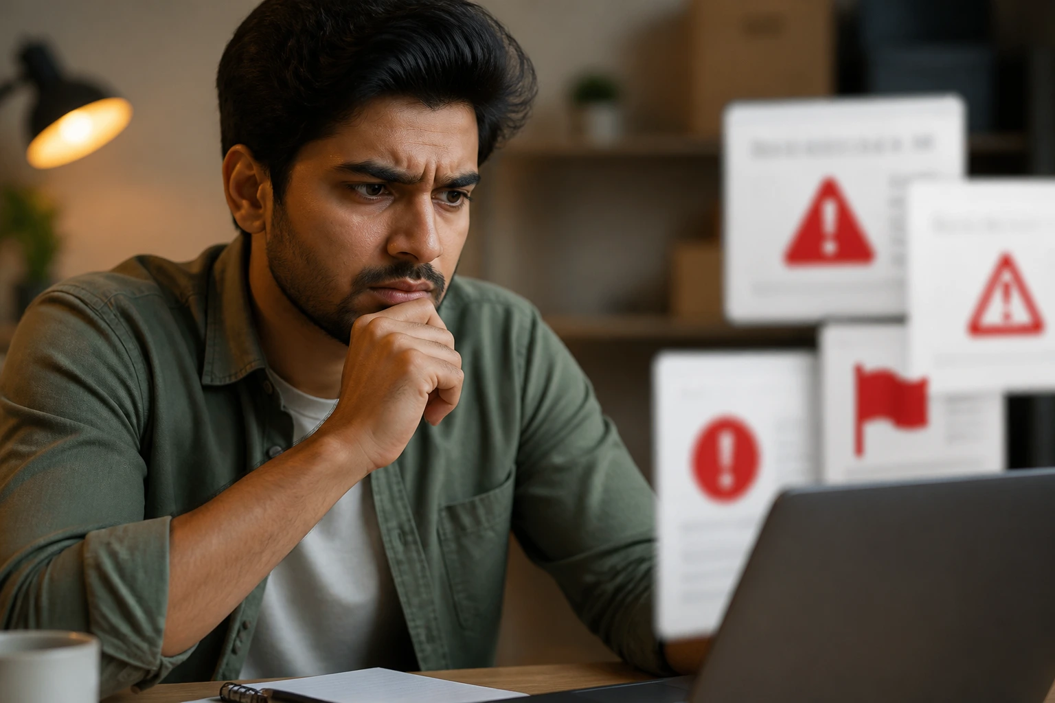 Concerned job seeker identifying red flags in sponsorship listings
