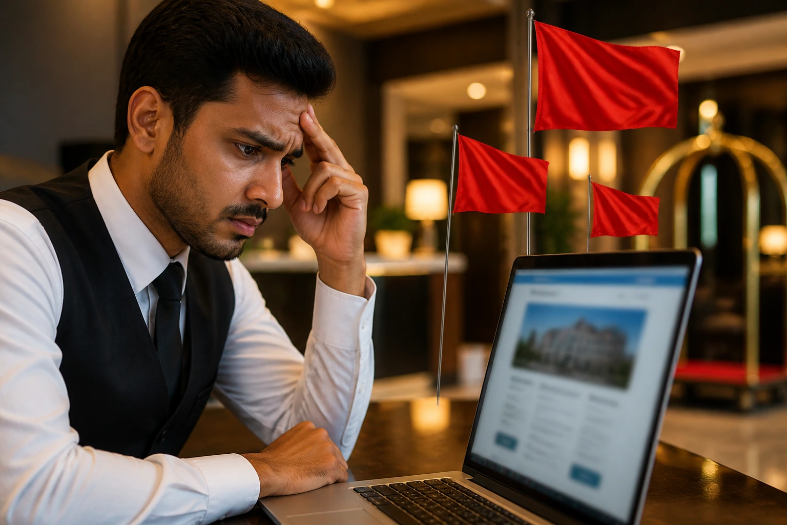 Concerned person in recruitment space looking at blurred laptop screen